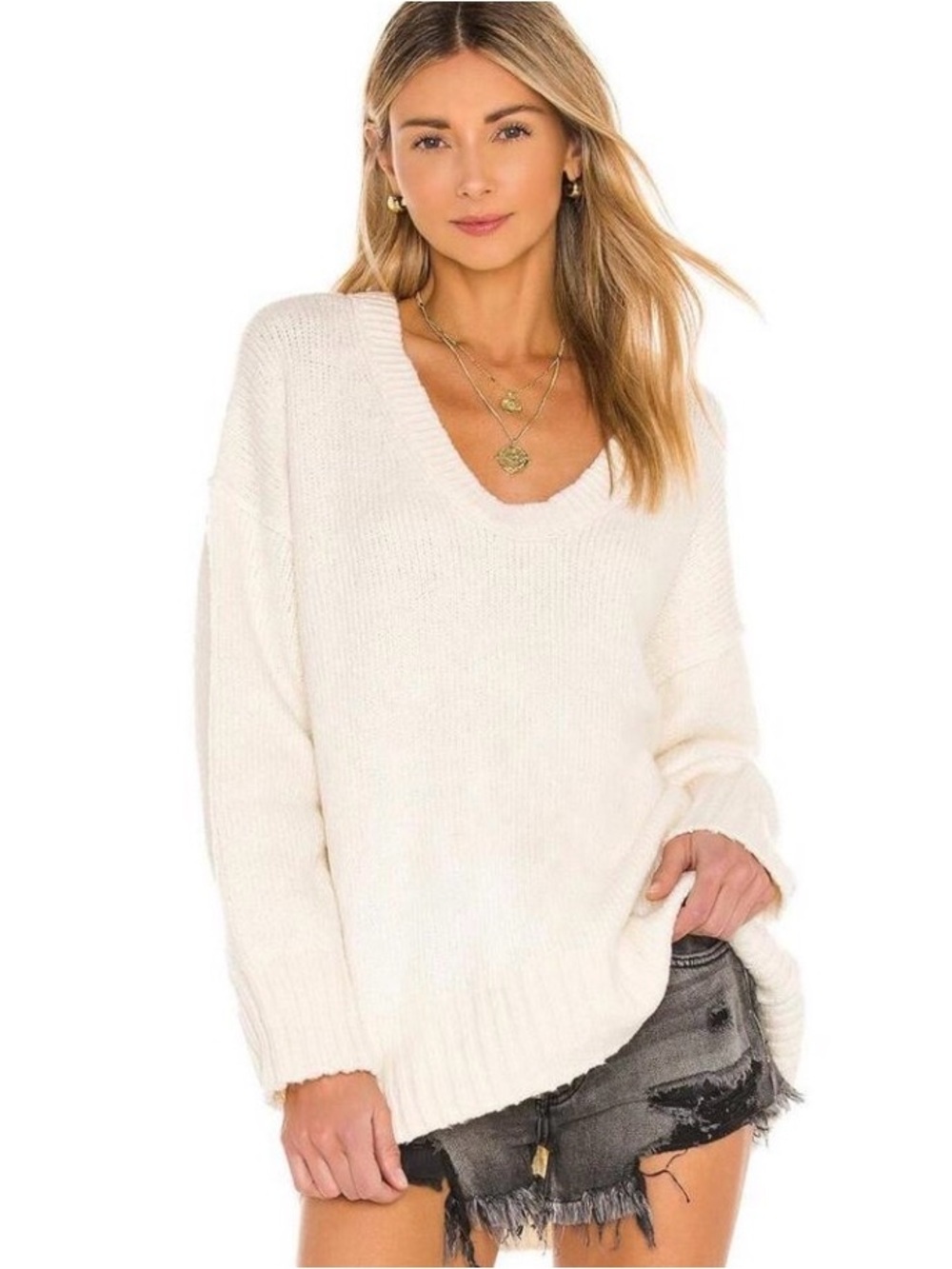 Free People Brookside Long Sleeve Scoop Neck Oversized Sweater Ivory Size M